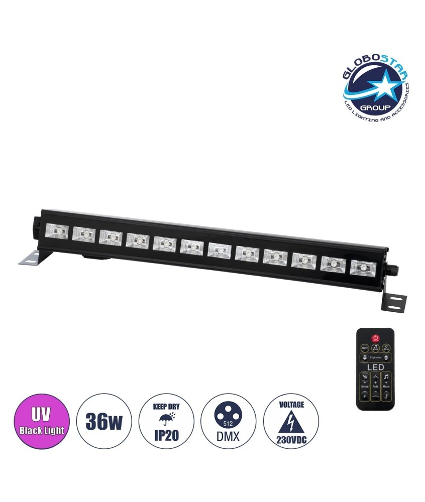 GLOBOSTAR® UVBAR 79660 Μπάρα Φωτισμού LED 36W 120° AC 220-240V IP20 Μαύρο Αλουμίνιο - Ultraviolet UV Black Light - DMX512 & Ασύρματο Χειριστήριο IR - Μ50 x Π6 x Υ6cm - 2 Χρόνια Εγγύηση